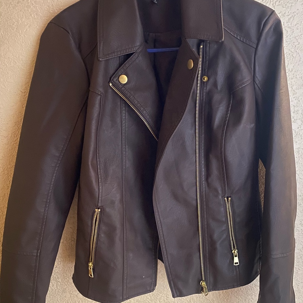 Baccini Chocolate Brown Leather Moto Jacket with Gold Hardware
